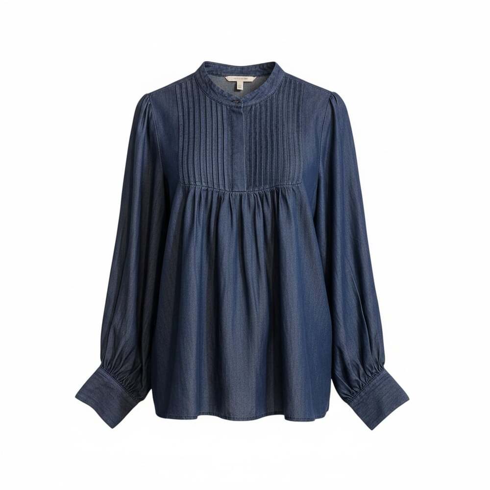 Rochelle Behrens NWT Indigo Pintuck Pleat Denim Blouse  No-Gape Technology XL